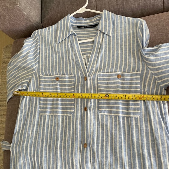 Zara women’s Blue Dress belted, long sleeve  White stripe long Dress shirt Small - Picture 12 of 12